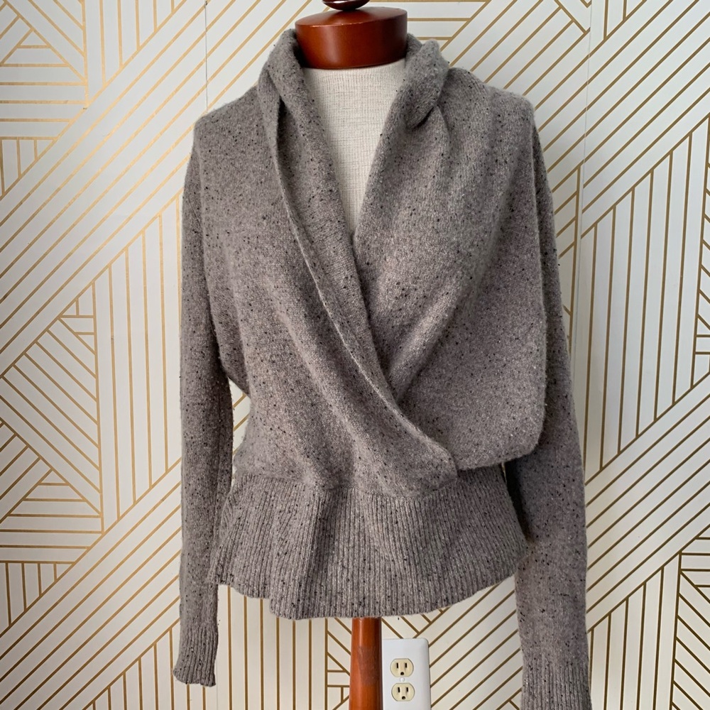 Ann Taylor Cashmere Faux Wrap Sweater crossover draped cowl ribbed hems speckled